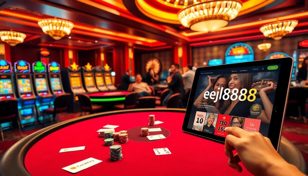 A thrilling gambling scene featuring an online interface from https://www.eejl88888.com/ with poker chips and a roulette wheel.