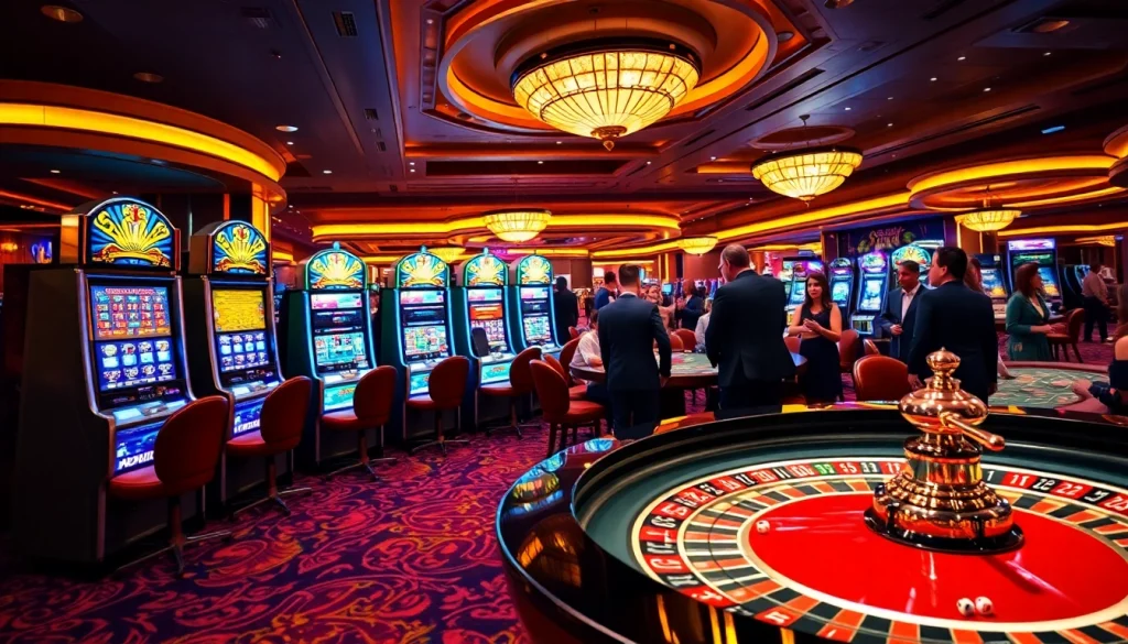Experience the excitement of sunwin at a bustling casino with vibrant slot machines and elegant tables.