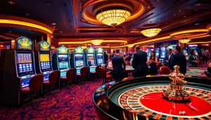 Experience the excitement of sunwin at a bustling casino with vibrant slot machines and elegant tables.