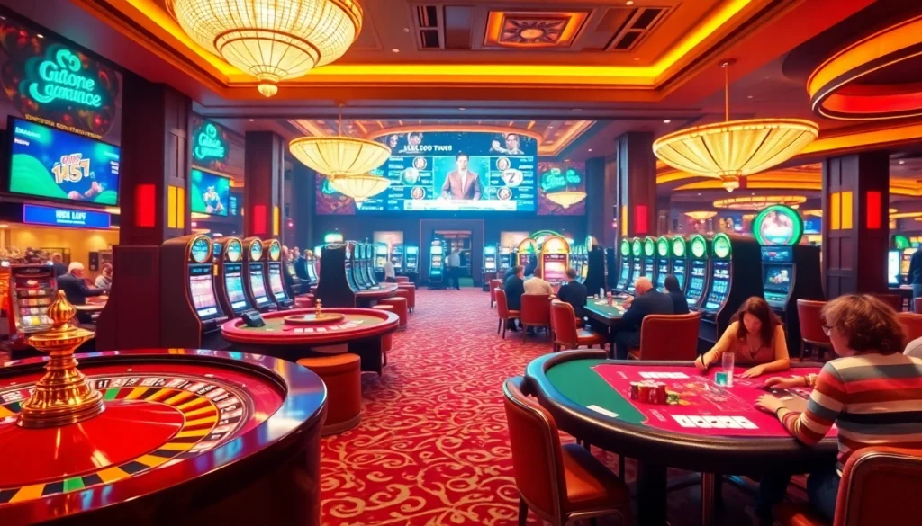 Experience the thrill of gambling at https://8fly886.com/ with a vibrant casino scene featuring tables, chips, and cards.