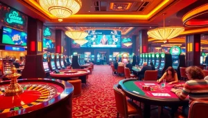 Experience the thrill of gambling at https://8fly886.com/ with a vibrant casino scene featuring tables, chips, and cards.