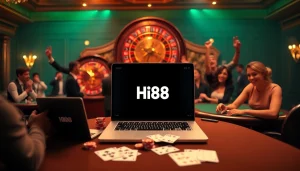 Hi88 players enjoying vibrant casino gaming with roulette and poker chips.