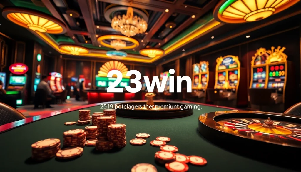 Experience thrilling gameplay at 23win with vibrant casino games, poker chips, and roulette wheels.