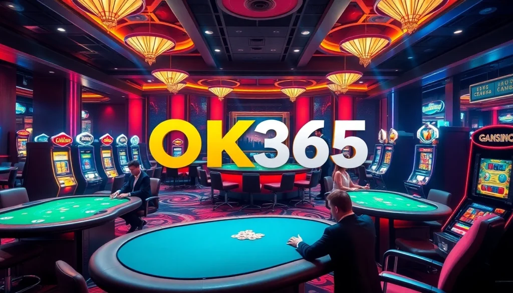 Engage in thrilling gaming action at OK365, featuring vibrant casino tables and slot machines.