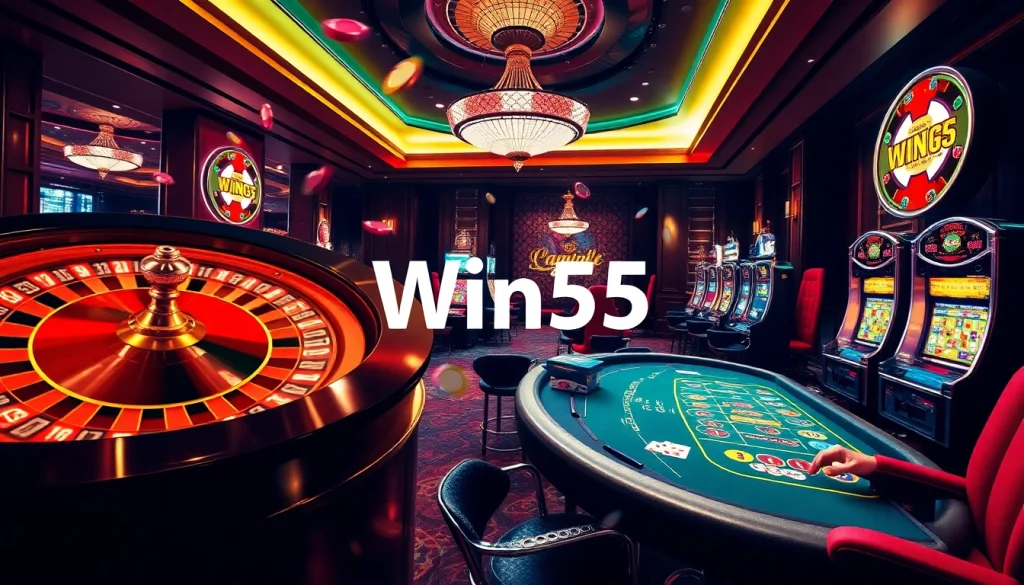 Exciting gameplay at Win55 casino with vibrant roulette, essential poker chips, and slot machines.