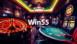 Exciting gameplay at Win55 casino with vibrant roulette, essential poker chips, and slot machines.