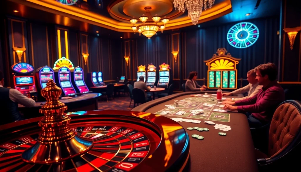Exciting 6L777 casino scene showcasing roulette wheel and poker tables
