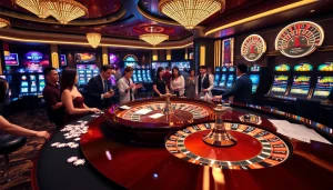 Players enjoying a thrilling game at HBBET's luxurious casino tables featuring roulette and slot machines.