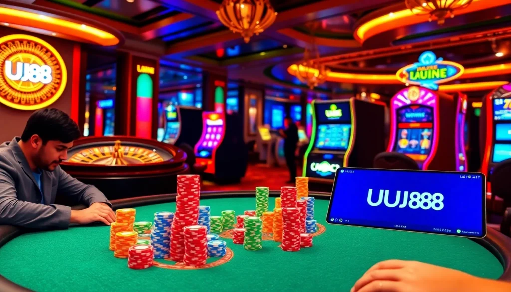 UU88 players engaging in high-stakes poker with vibrant chips and classy gaming atmosphere.
