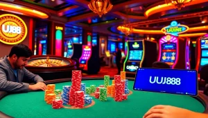 UU88 players engaging in high-stakes poker with vibrant chips and classy gaming atmosphere.