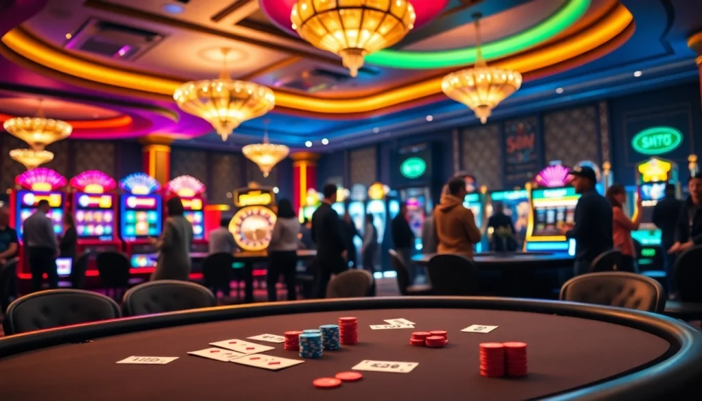 Experience the thrilling atmosphere of FUN79 in a lively casino setting with poker games and vibrant slot machines.