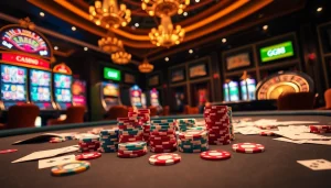 Experience the thrill of GG88 gaming with vibrant tables, poker chips, and attractive lighting.