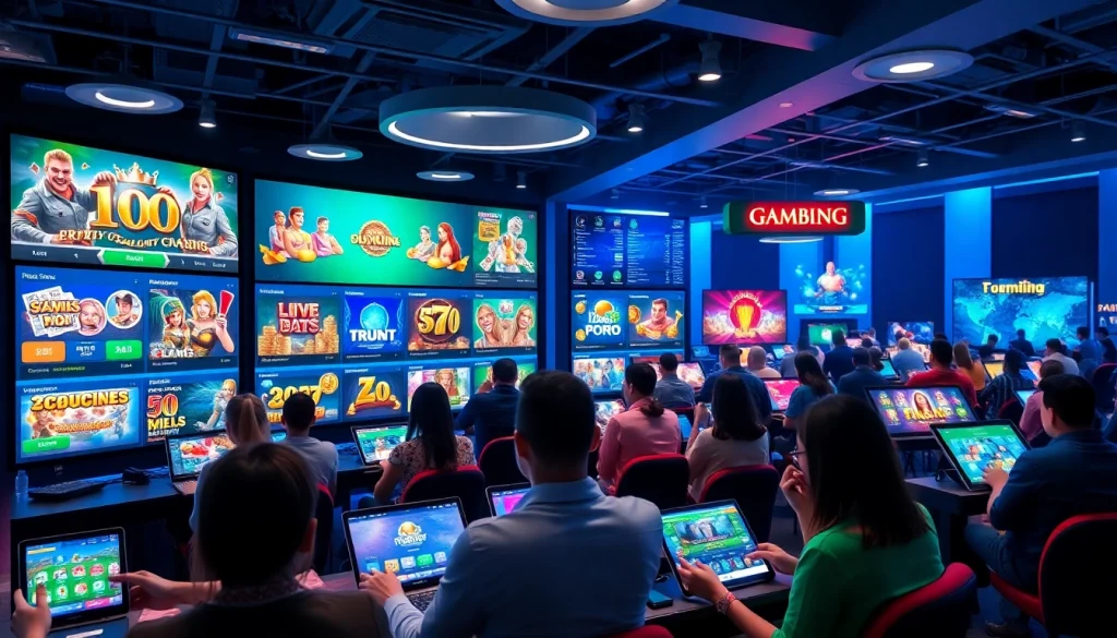 stimmgewitter.org showcases a modern, vibrant online gambling experience with diverse players engaged in various games.