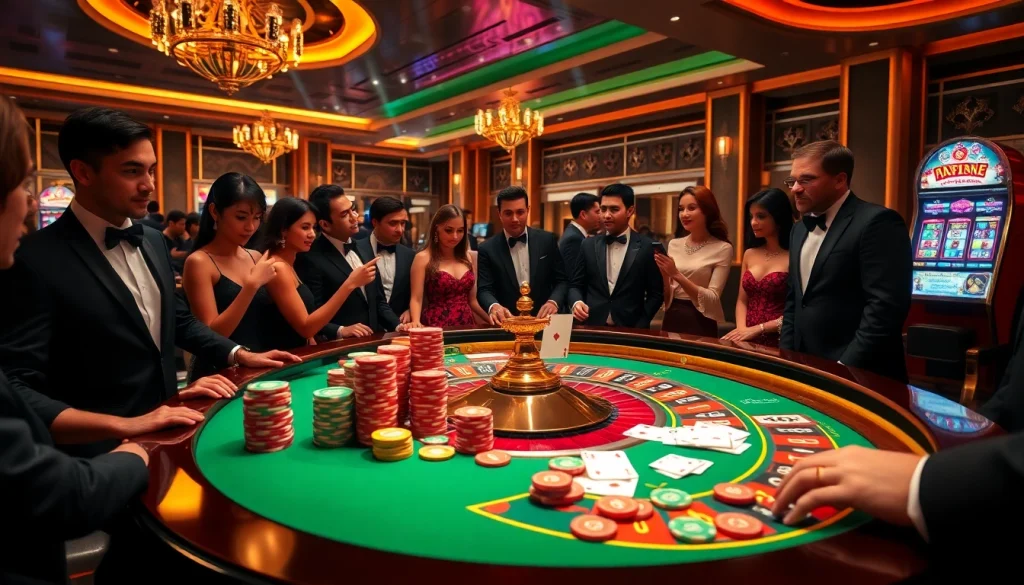 Players enjoy a thrilling roulette game at https://www.eejl77777.com/, surrounded by poker chips and vibrant neon lights.