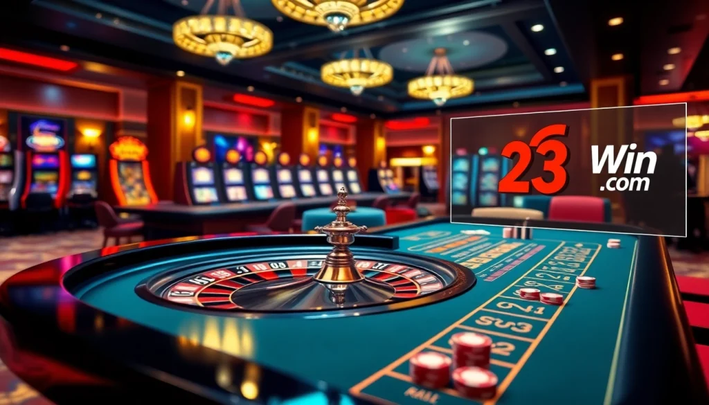 Experience the excitement of 23Win com with an elegant gambling scene featuring roulette and blackjack tables.