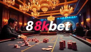 Exciting casino scene featuring 8kbet logo amidst poker chips and roulette wheel action.