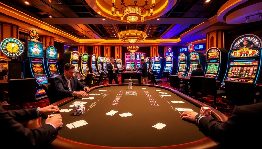 Experience the excitement of gambling at https://vaobet.jp.net/ with a vibrant casino scene showcasing poker, dice, and slots.