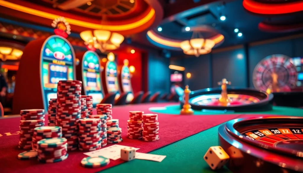 A dynamic casino scene at https://789winco.com/ showcasing poker chips, vibrant slot machines, and a roulette wheel.