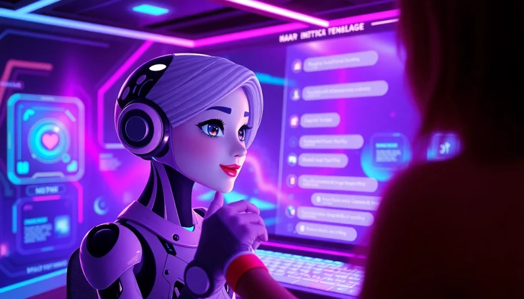 Engaging NSFW AI character interaction in a futuristic digital landscape.