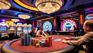 Kp88 showcases a thrilling casino atmosphere with players at a poker table and vibrant slot machines.
