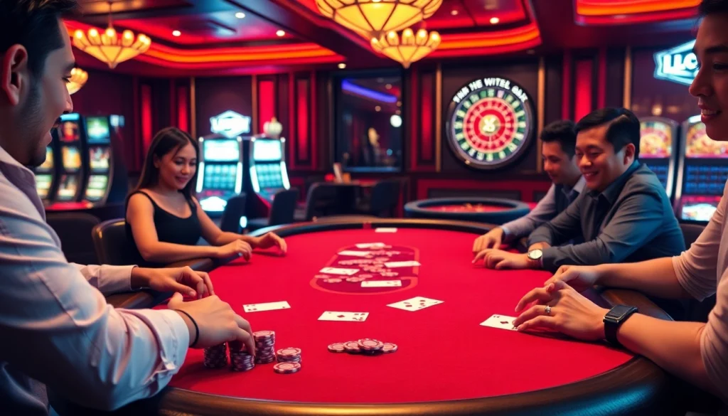 Players enjoying an exciting LC88 poker game at a luxurious casino table with vibrant chips.