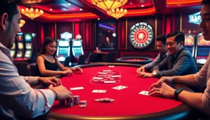 Players enjoying an exciting LC88 poker game at a luxurious casino table with vibrant chips.