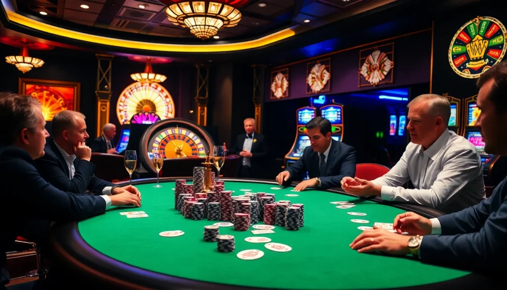 Players at a b52 poker table experiencing high-stakes excitement in a luxurious casino setting.