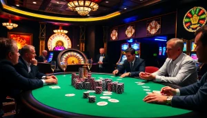 Players at a b52 poker table experiencing high-stakes excitement in a luxurious casino setting.