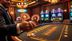 Engaged gambler showcasing S8 poker chips at an upscale casino table, exuding excitement.