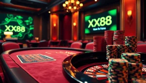 Players engaging at the XX88 casino table, showcasing vibrant chips and cards.