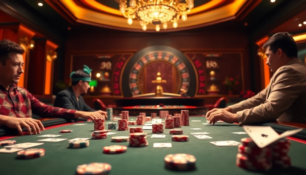 Players enjoying a thrilling poker hand at 789club's vibrant casino tables.