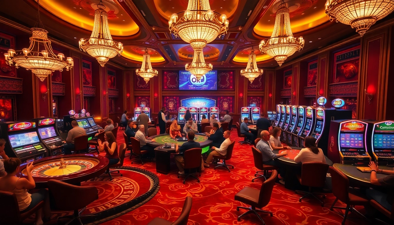 Players enjoying an exhilarating experience at the casino, featuring ok9 branded elements amid vibrant games.