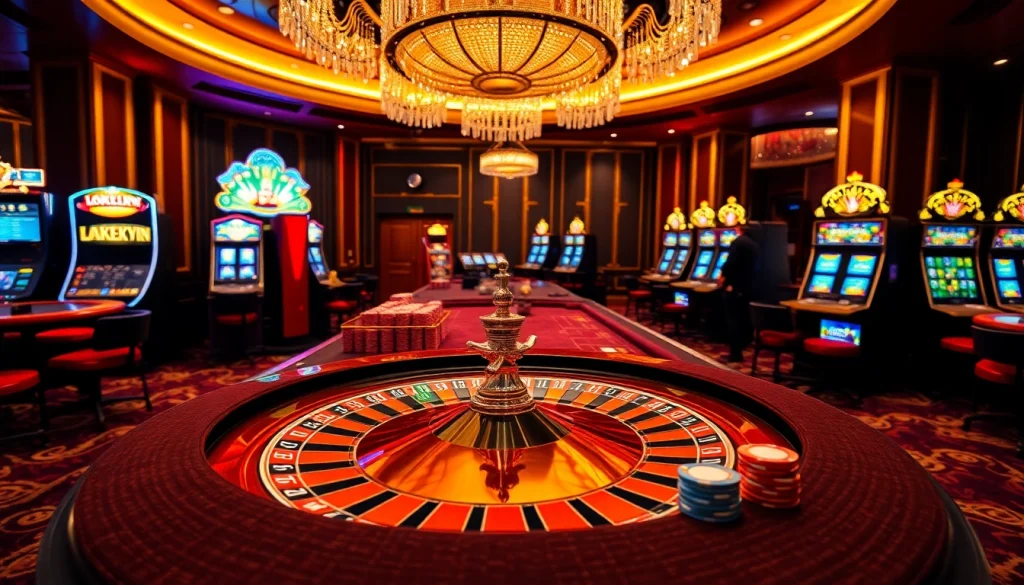 Engaging scene at luckywin casino with vibrant slot machines and roulette wheel.