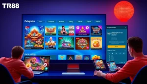 Interactive TR88 online gaming interface showcasing diverse game types and vibrant user engagement.