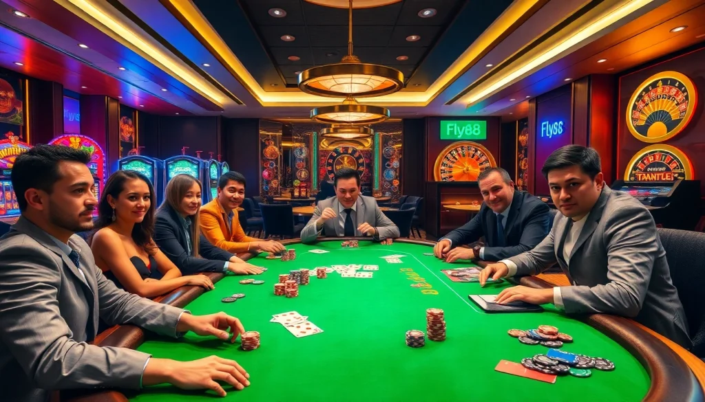 Players engaging in a high-stakes poker game at FLY88 casino, surrounded by vibrant chips and cards.