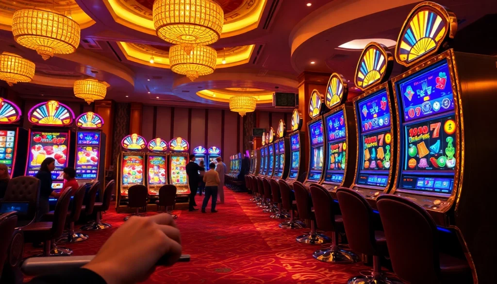 Players enjoying Nổ Hũ slot machines in a luxurious casino atmosphere with vibrant colors.