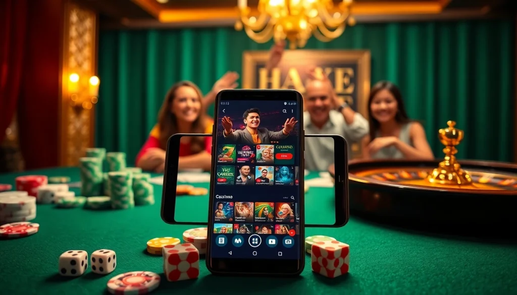 S8 mobile device displaying exciting online gambling options in a luxurious casino setting.