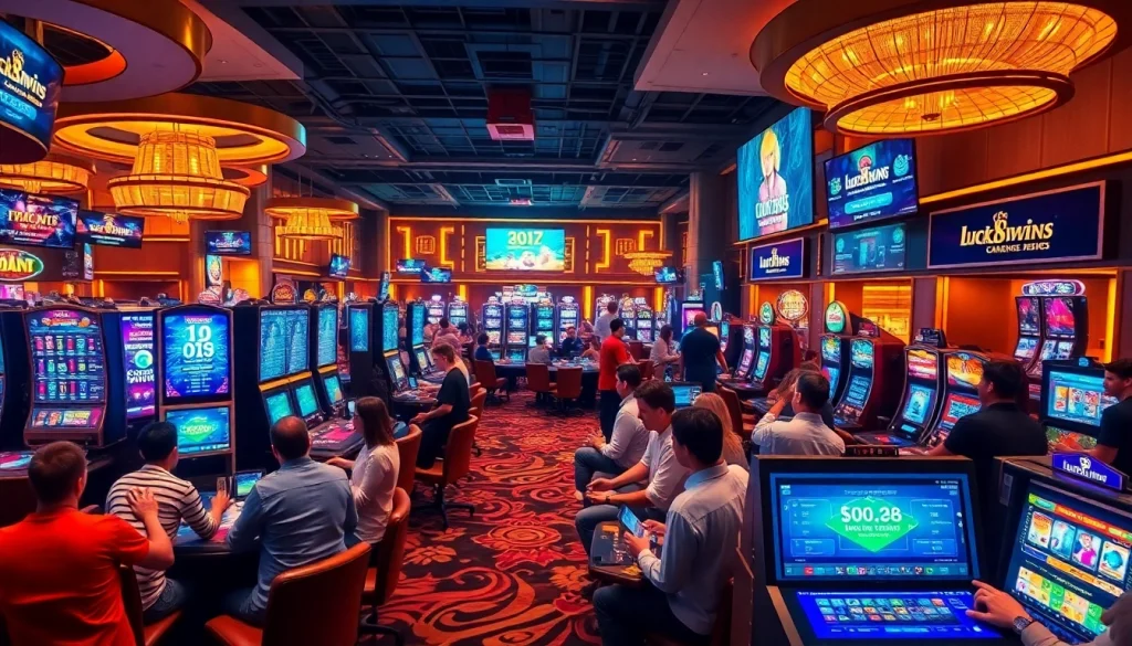 Experience the excitement of online gaming at luck8win.live, featuring dynamic players in a vibrant casino setting.
