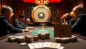 Intense poker action with link ev88 branded chips and cards in a luxurious casino setting.