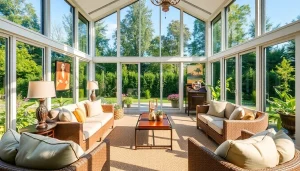 Gorgeous sunroom addition with glass walls and cozy seating arrangements, surrounded by a vibrant garden.
