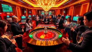 Exciting scene of SV388 online gambling with players at roulette table and vibrant casino atmosphere.