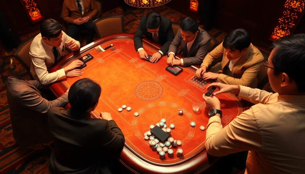 Players enjoy the excitement of xóc đĩa at a luxurious casino table.
