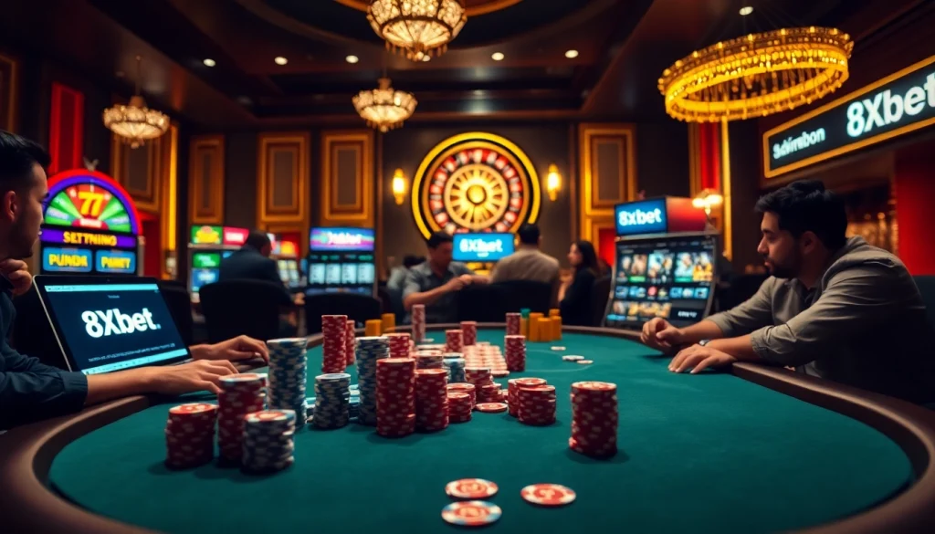 Players engaging in high-stakes poker at 8xbet casino table with vibrant atmosphere.