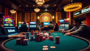 Players engaging in high-stakes poker at 8xbet casino table with vibrant atmosphere.