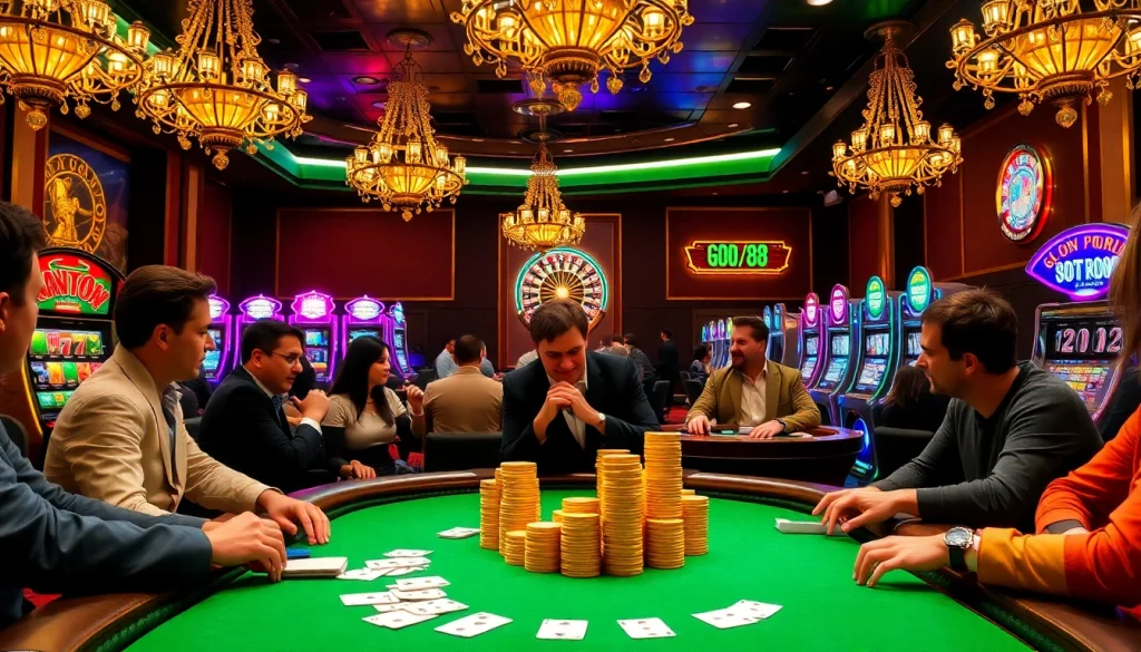 Players enjoying a thrilling poker game at a luxurious casino table, embodying the essence of Good 88 gambling excitement.