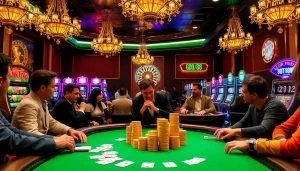 Players enjoying a thrilling poker game at a luxurious casino table, embodying the essence of Good 88 gambling excitement.
