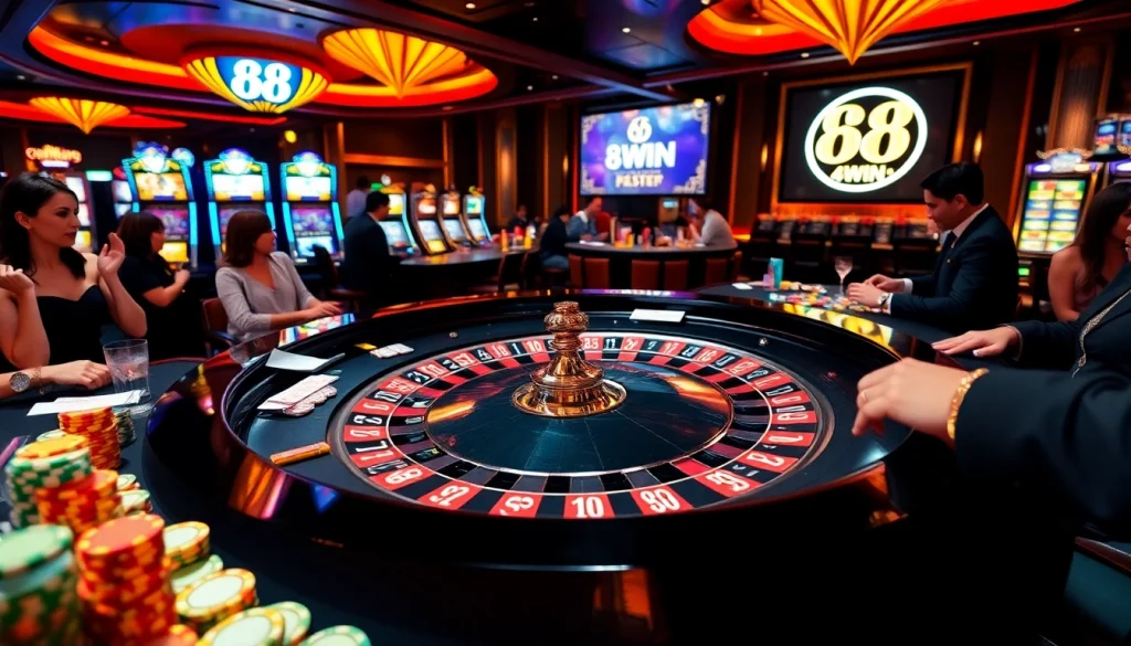 Players engage with 68WIN’s vibrant roulette table amid colorful chips and dynamic casino atmosphere.