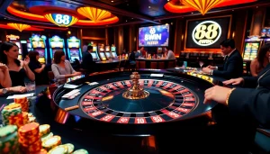 Players engage with 68WIN’s vibrant roulette table amid colorful chips and dynamic casino atmosphere.