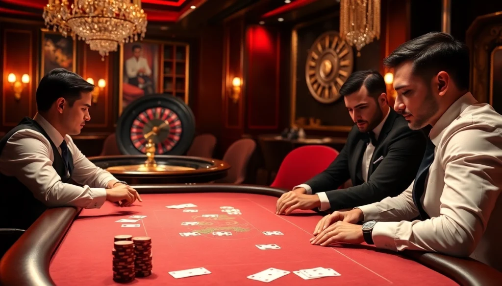 Engaging poker game at a luxurious casino, showcasing players and chips inspired by https://rikvip1.online/tac-gia/.