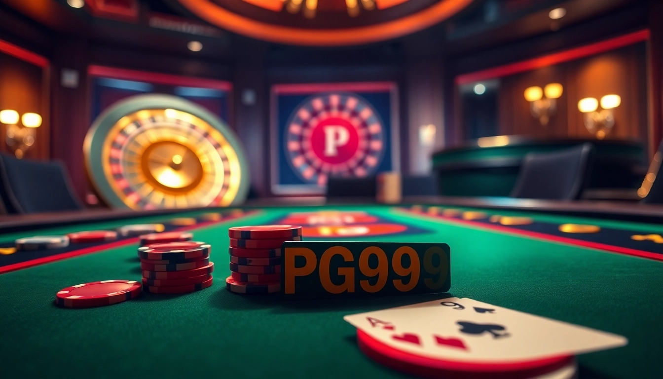 Experience the thrill of PG99 poker with vibrant chips and cards at a luxury casino table.